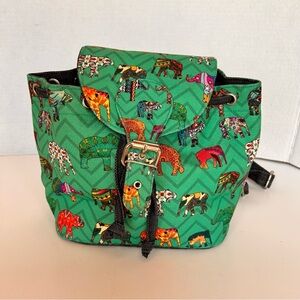 Desi Pop Green Elephant Print Canvas Mini Backpack Boho Festival Travel Bag